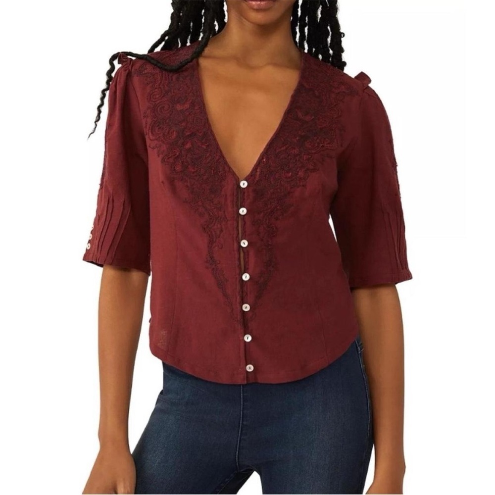 Free People Womens Cotton Embroidered Blouse